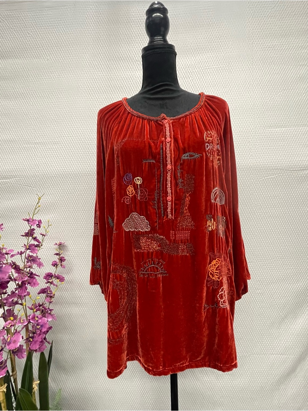 Johnny Was BIYA Zuri Velvet Blouse XL Red Embroidered Boho Tunic NWT